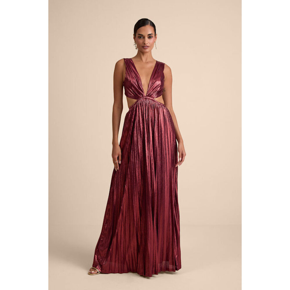 Lulus Shining Luxury Wine Red Metallic Lurex Cutout Maxi Dress - Size S